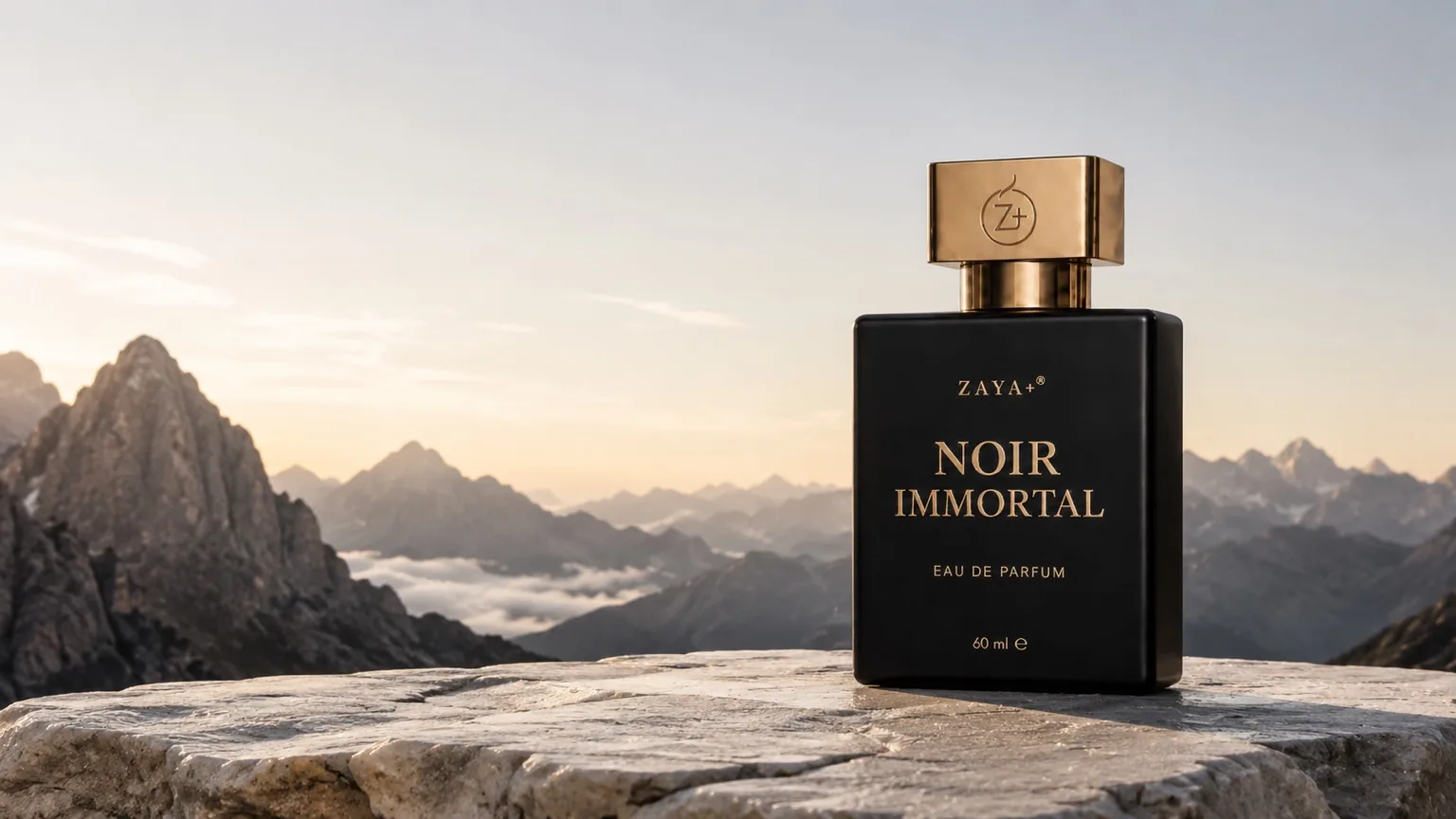 ZAYA+ Noir Immortal bottle on alpine stone above a sea of cloud at dawn