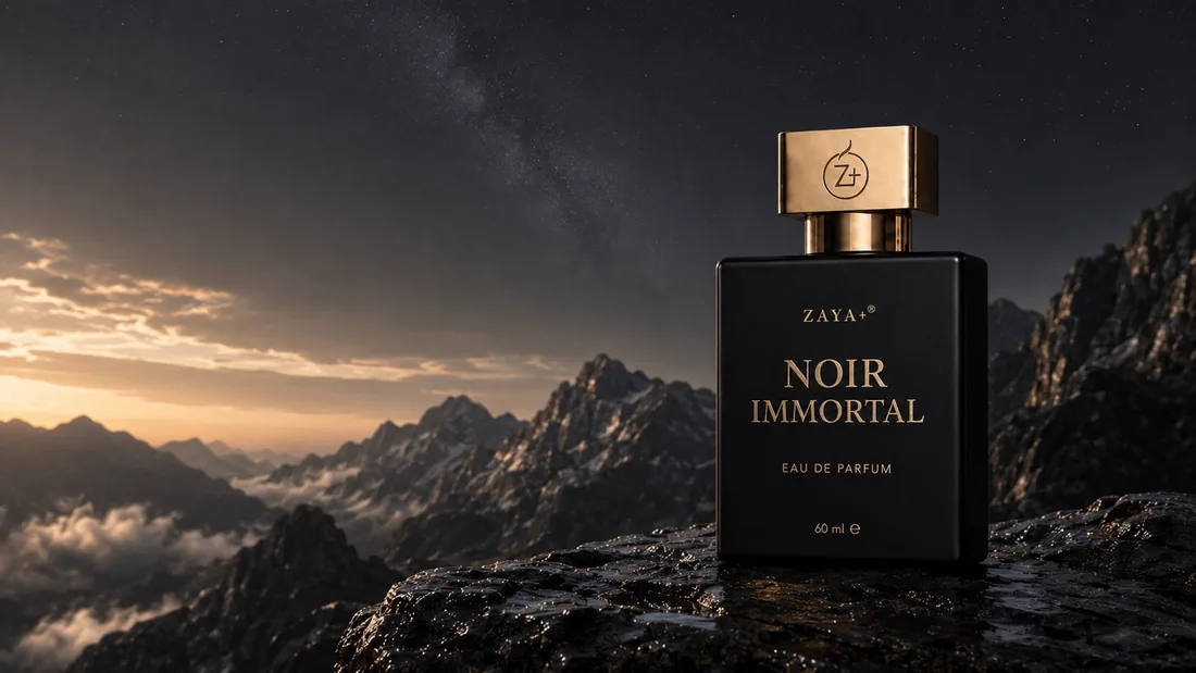 Noir Immortal by ZAYA+ — matte black flacon with a brushed gold Z+ cap standing on wet dark stone above a mountain range at first light