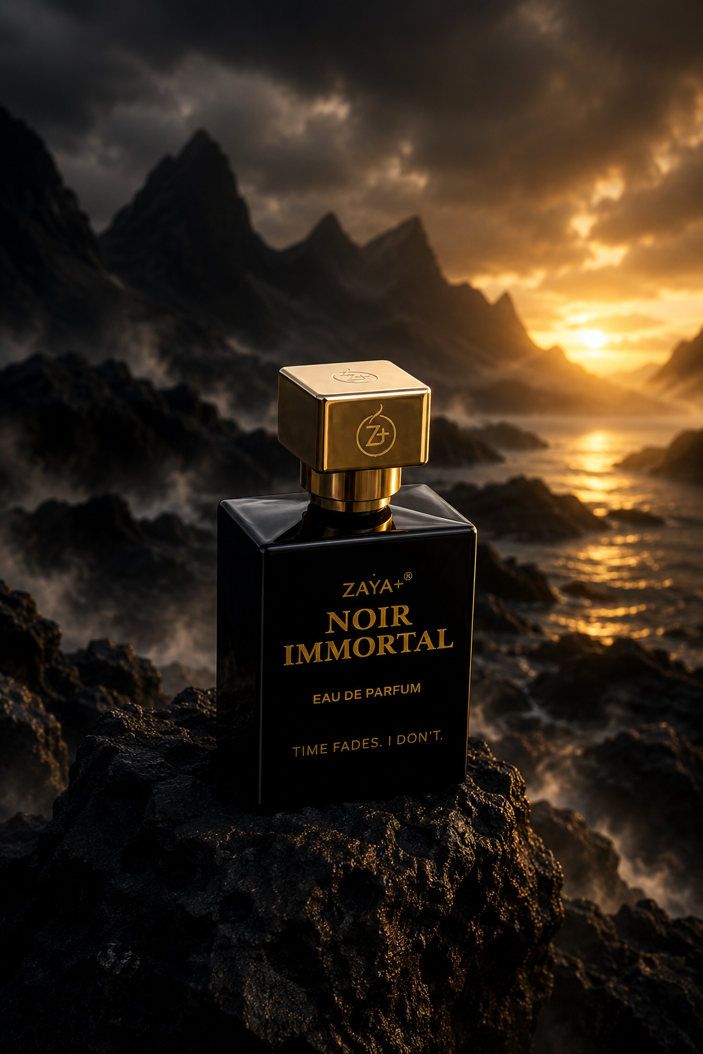 ZAYA+ Noir Immortal — the debut fragrance photographed against a mountain sunset